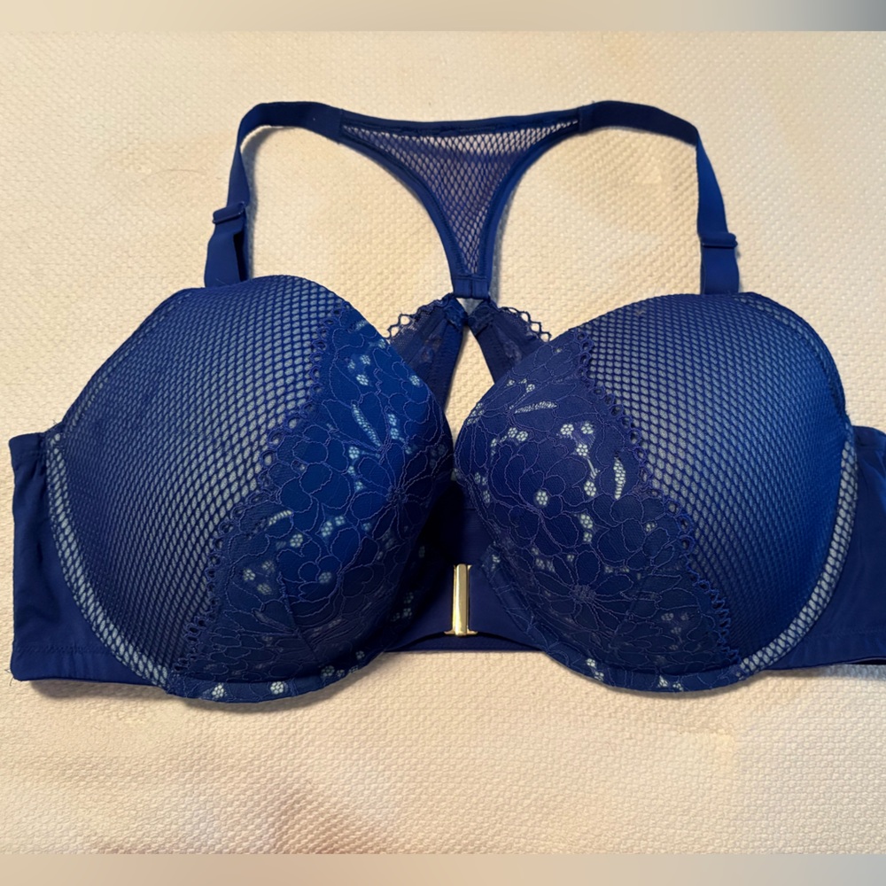 Cacique Blue Lace Front-Closure Boost Plunge Bra 44DD